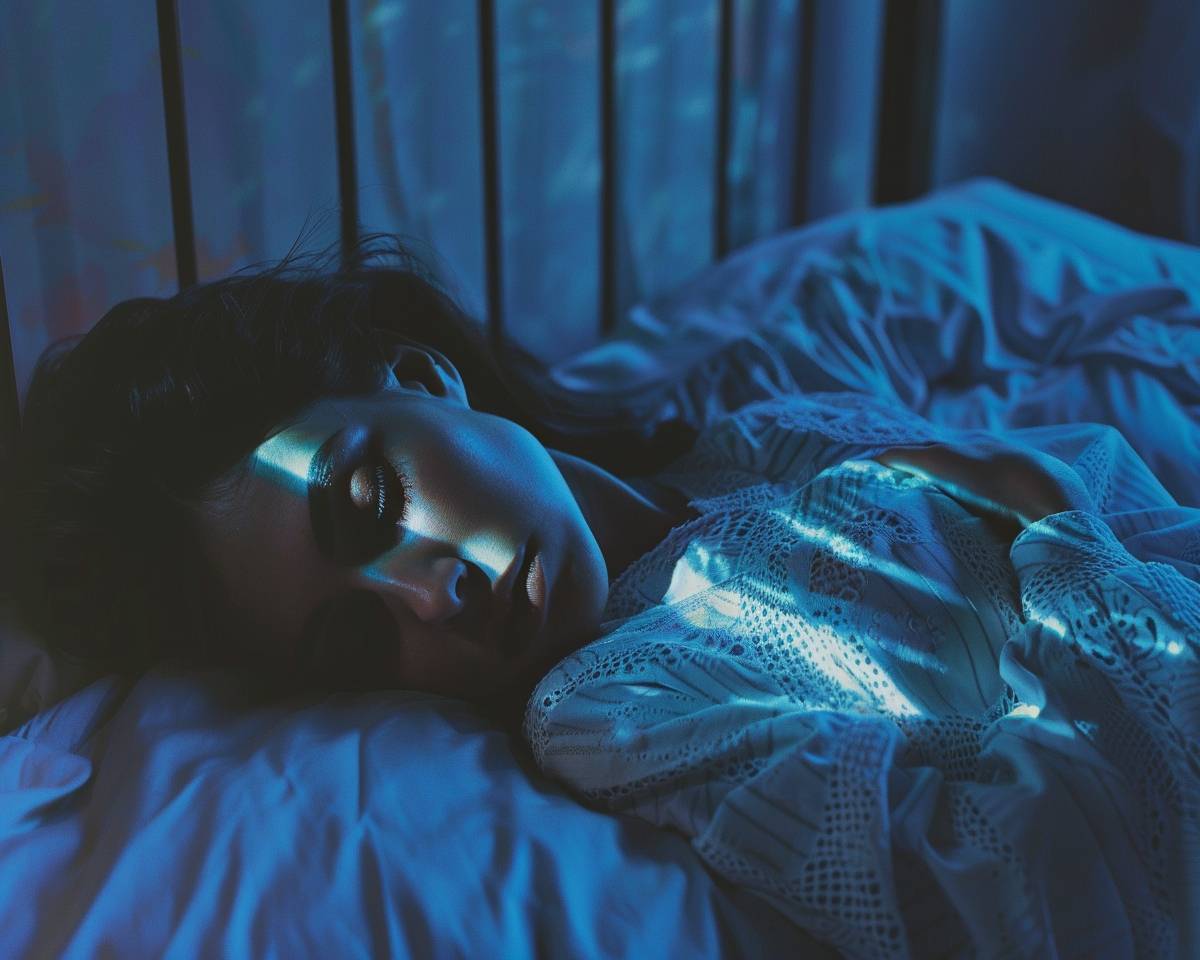 Night shadows on woman sleeping, dramatic photo, blue and grey colors, high contrast, interior scene, Retro VHS Effect