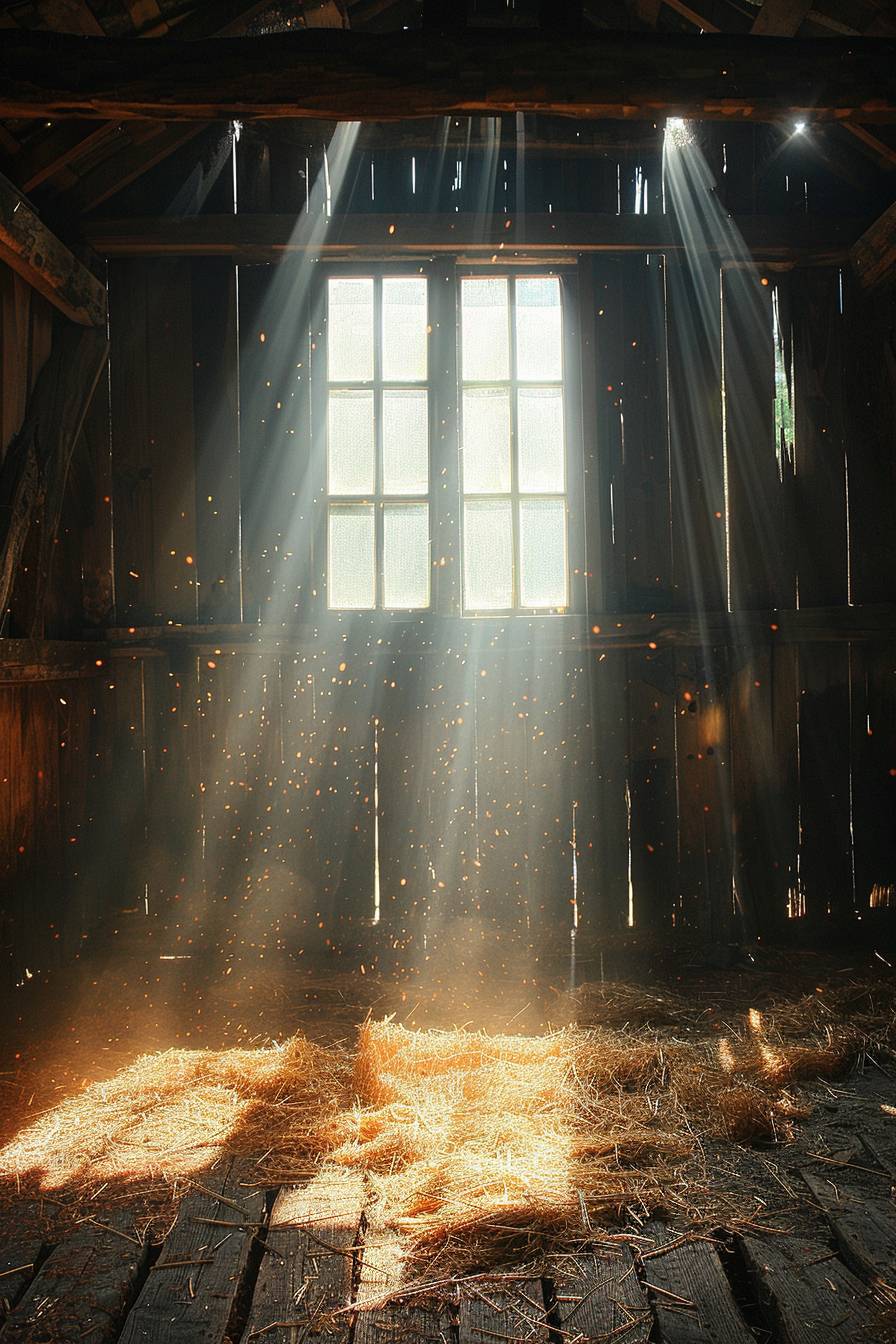 The interior of an abandoned barn with sunlight and sun rays shining through the boards from the side. Dust in the air highlights the light rays nicely. Lots of texture and shadow in the dimly lit space with traces of hay scattered on the floor.