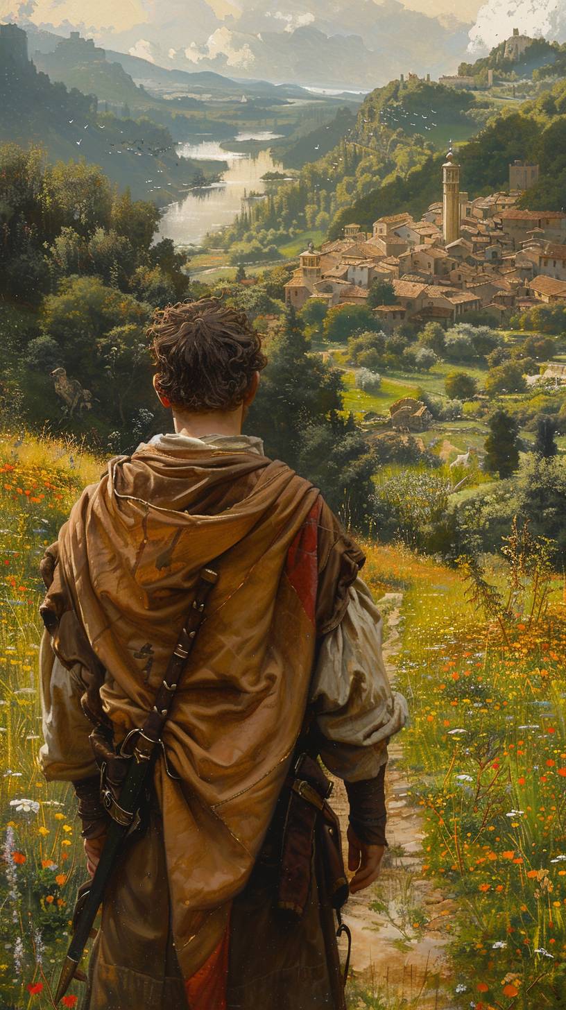Old oil style painting of Marcus Aurelius in the morning landscape