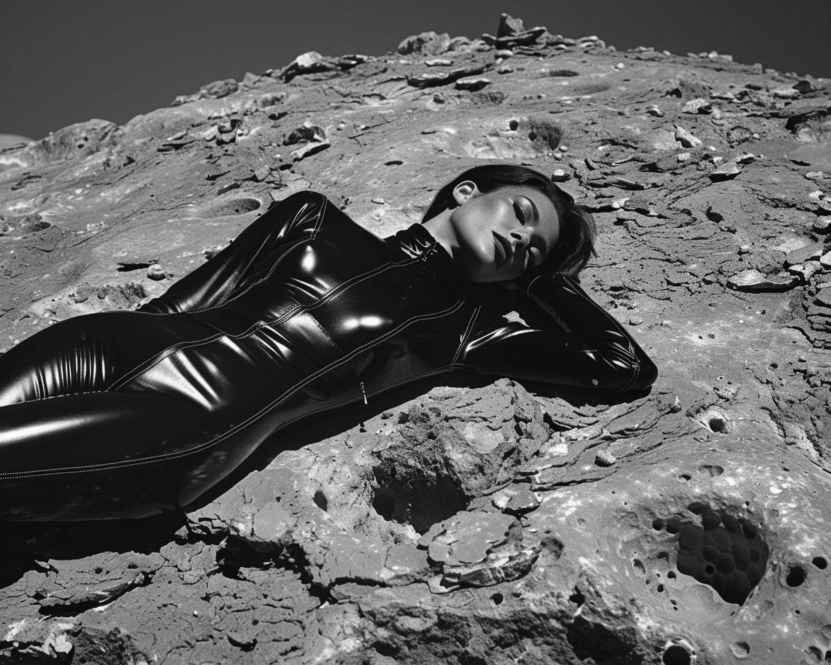 月面の白黒写真、石の質感の上に横たわる女性、黒いラテックスジャンプスーツを着て、寂しいレトロフューチャリスティックな雰囲気、ディテールが詳細な写真、ラテックスと月の対比