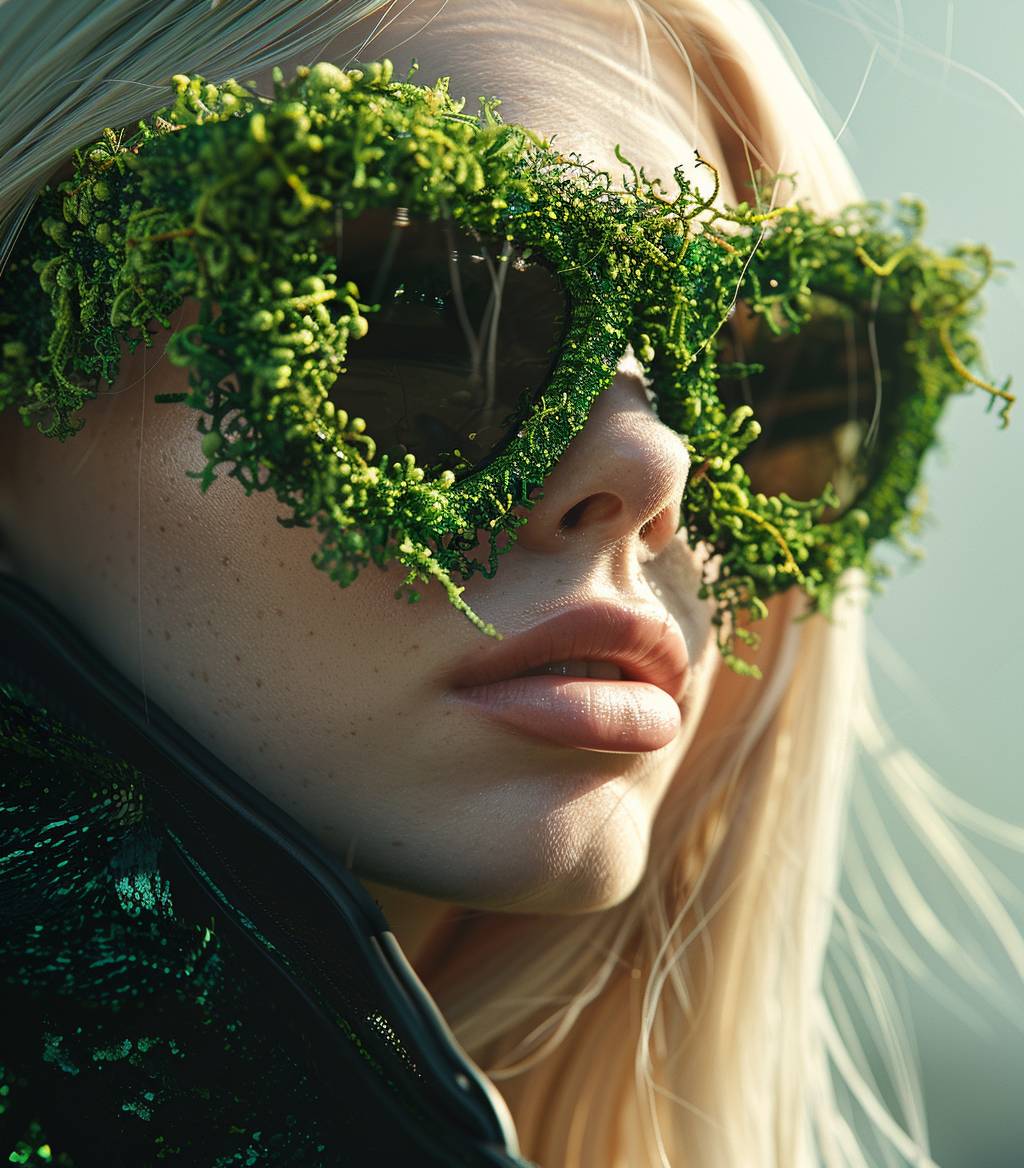 Fashion sunglasses designed from plant moss, street wear style, urban elegant and bio-made, worn by a blonde woman with long hair, focus on the flagship piece, natural environment, high resolution 3D conceptual visualization.