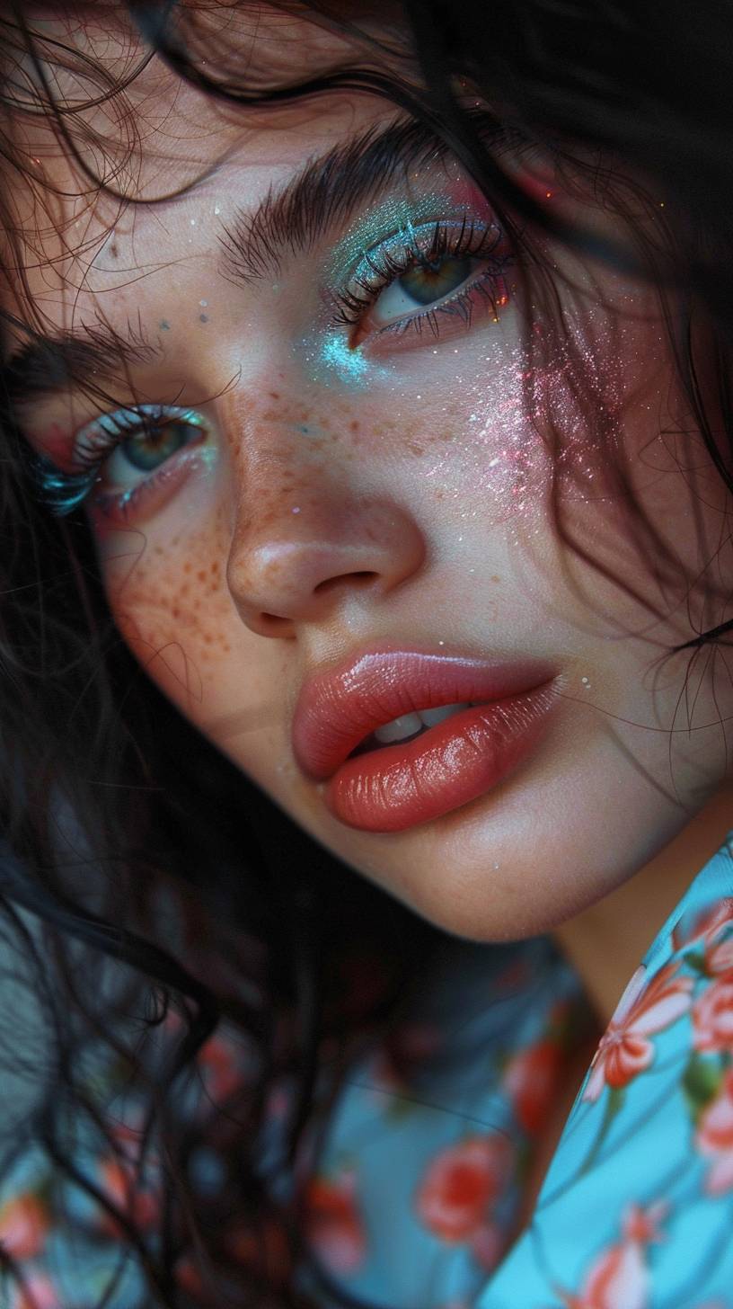 A close-up photo of a European model girl with grungy black eyes, hydrated yet tanned matte skin, and dark blue black hair. The photo showcases a trend of late 70s and early 80s with peachy and rose mint tones makeup, grunge and graphic eyeshadow that are edgy, smoky, and messy, with bright pink liner. Minimal makeup contrasted with cyber gems tone lips for a more striking effect. Set against an out-of-focus background that suggests minimal surroundings. In soft lighting, the photograph captures every detail of texture and shine within her beautiful locks.