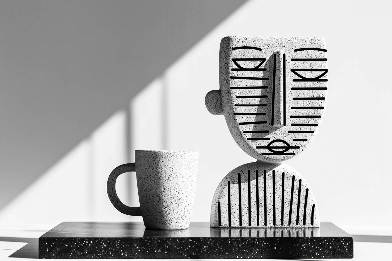 White coffee cup mockup on top of a minimalist sculpture, still life --chaos 30 --ar 3:2 --sref 3841075374 --stylize 250  --v 6.0