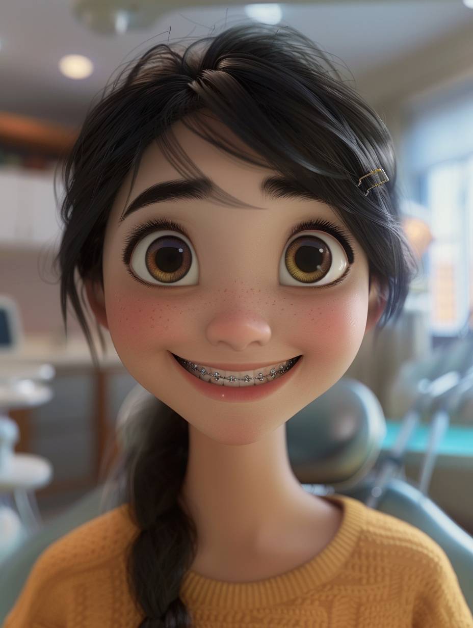 アニメーションスタイル、中国の女の子、矯正装置を付け、大きな目と長いまつ毛が笑顔で歯科医のオフィスで、背景には明るい歯科クリニックの部屋、高度なテクノロジー機器を備え、Pixar Disneyスタイル、3D