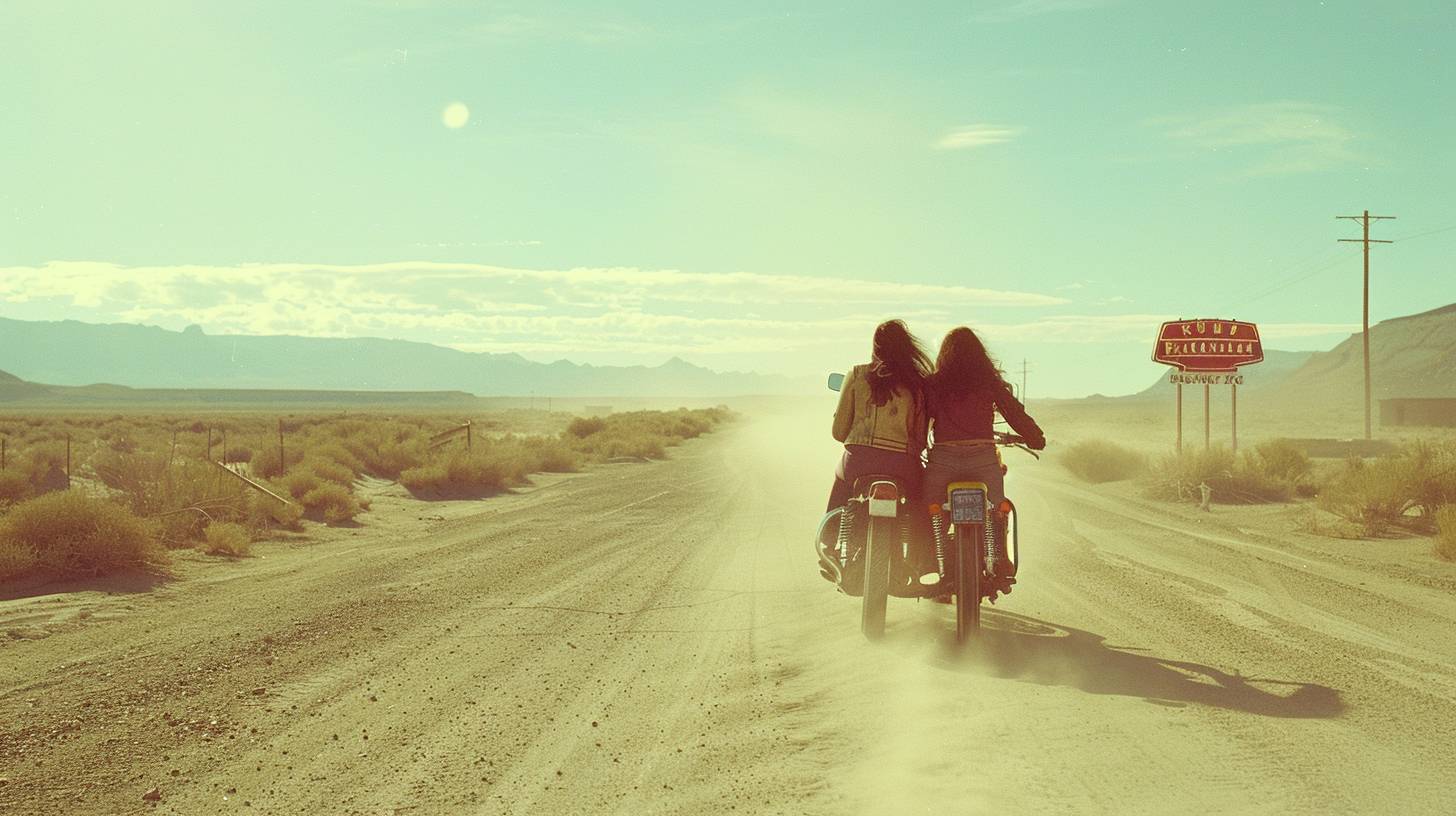 Couple on a motorcycle. Wind in their hair. Open road. Route 66. Midday in 1969. Desert landscape, distant mountains, a diner sign. Wide shot, full body. Shot on a Hasselblad 500C, Ektachrome film. Bright sunlight, dust trail, saturated colors.