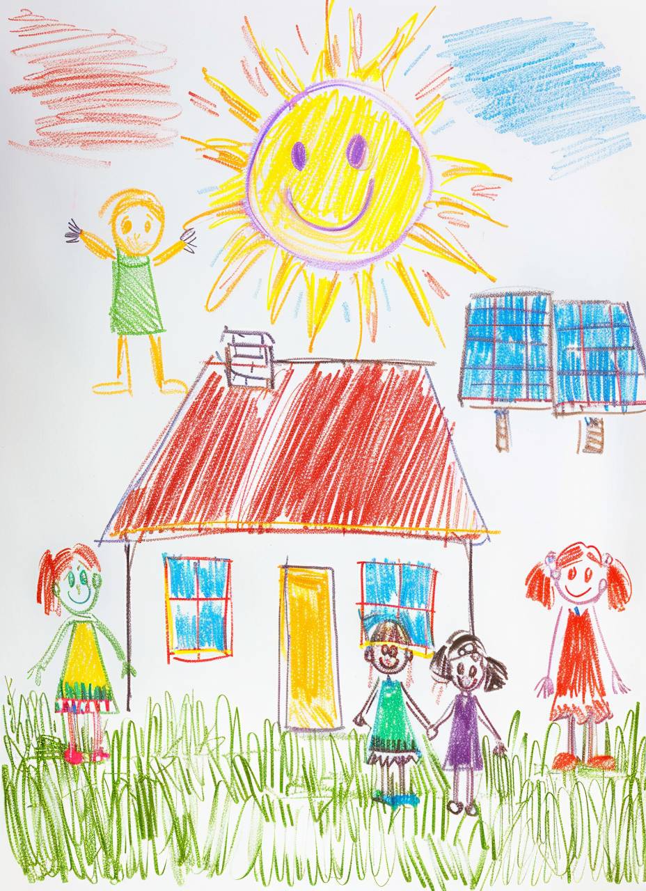 Naive children's drawing with colored chalk on white paper, made by hand by a child, depicting a family, a house, and a bunch of happy solar panels isolated on a white background.