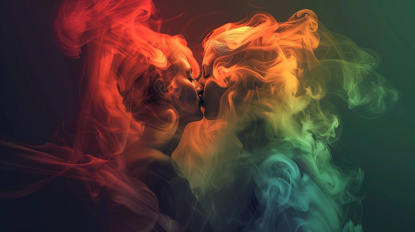 赤、橙、緑色の煙が、2人の抱擁を形作る、カラフルなデジタルアートスタイル