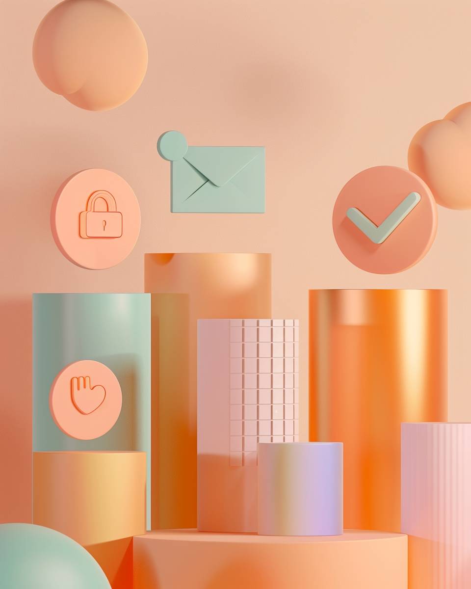 A minimalist composition of different sizes of Chat Bubbles, Envelope with a Lock, Data Server Icon, Shield with Check Mark and Fingerprint Icon on colorful podiums, rendered in the style of Pixar's animation. The background uses a gradient copper colour scheme, creating a calm atmosphere. A Speech Bubble with Lock sits at one end with soft shadows cast from it, symbolizing secured conversations. In front stands another Fingerprint Icon, adding depth to the scene. This is a simple yet elegant design that captures simplicity and modernity. Should give a sensation of digital security and encryption. Need emoji icons spread in the image that gives a sense of fun and interaction --ar 51:64 --v 6.0