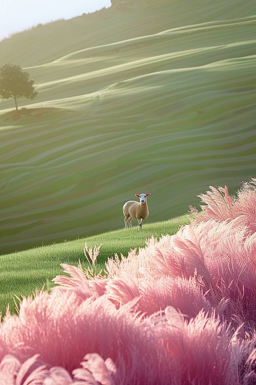 遠くの草地には羊がいて、空中視点、写実的な風景、ミニマリストの背景、ストライプの配置、正確な線、線形の透視、様々な芸術家のスタイルでの影と斑点模様。