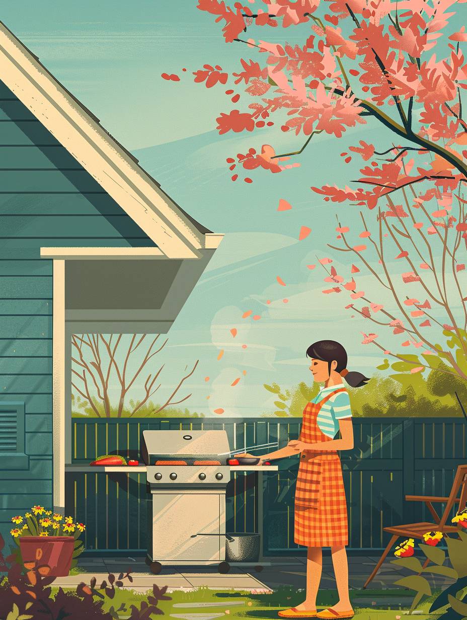 Spring poster, an Asian girl cooks on the grill outside in the backyard patio, cartoon, 2D, bright spring pastel colors, flat lines