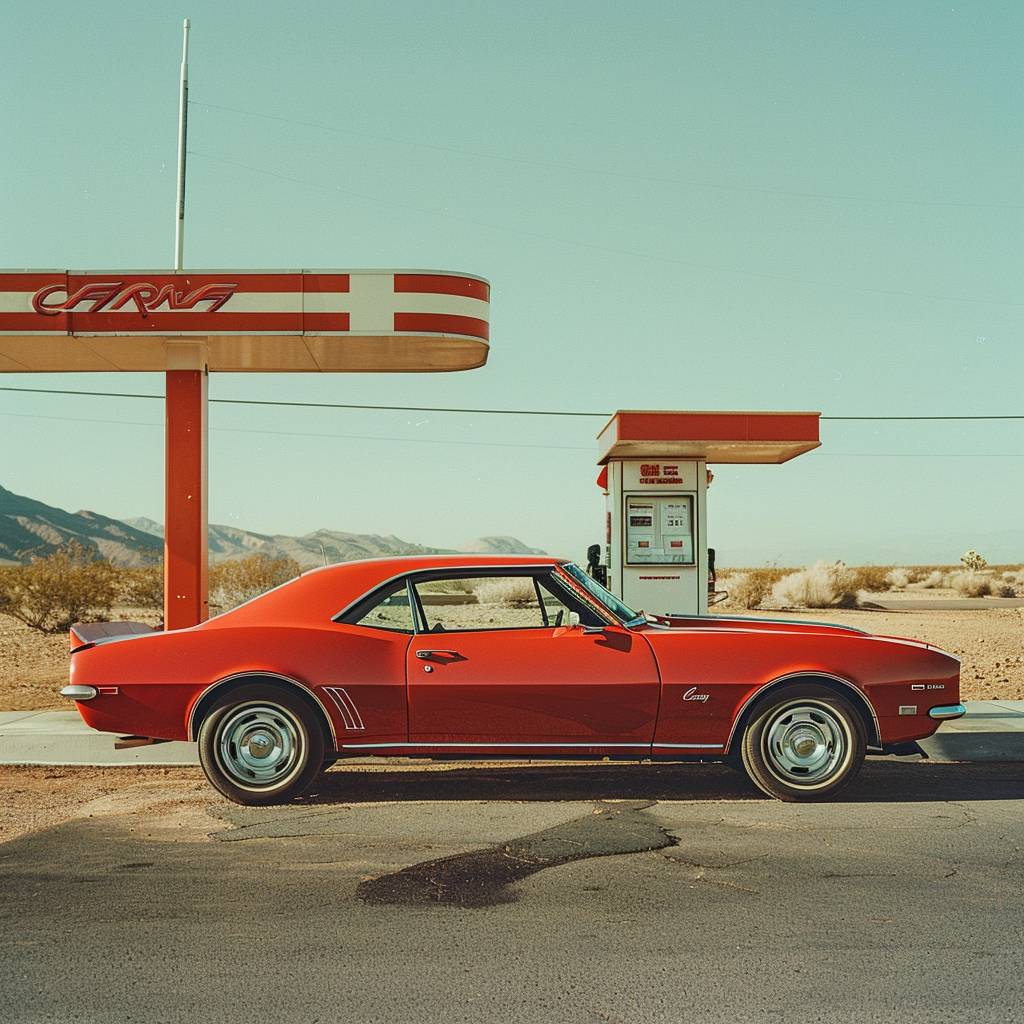 砂漠のガソリンスタンドの外に停まっているレトロな赤いカマロの側面図 | ビンテージのコダック撮影 | ほこりの多い環境