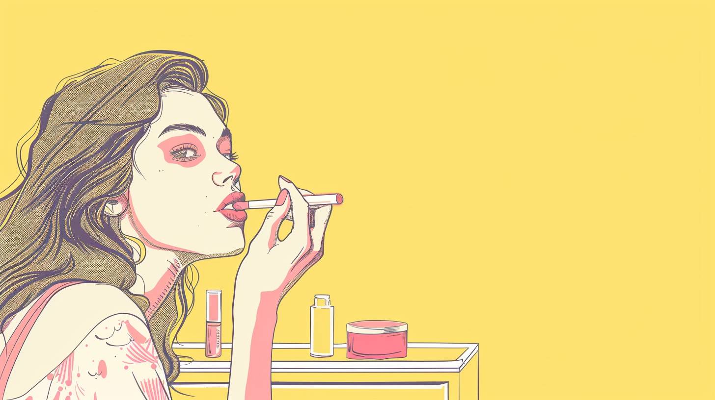 Girl applying lipstick, girl sitting in front of dresser, lipstick color pink, pop illustration, background all pale yellow