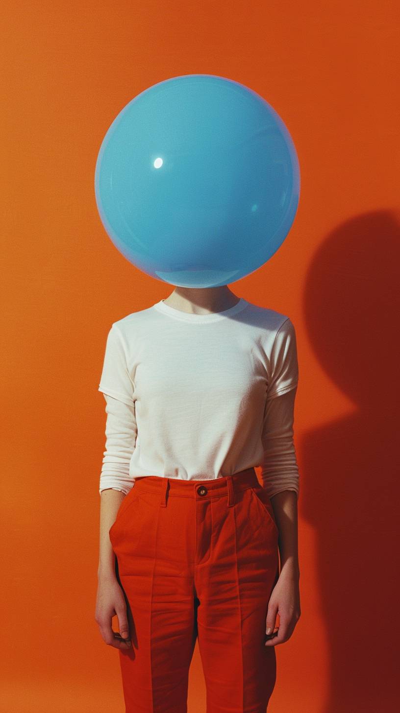 By Erwin Wurm and Frank Miller: Bubble Girl - a hot attractive girl with a solid blue bubble head (solid blue) in an orange room shadowless background orange, bubble girl wears a white tshirt and red trousers