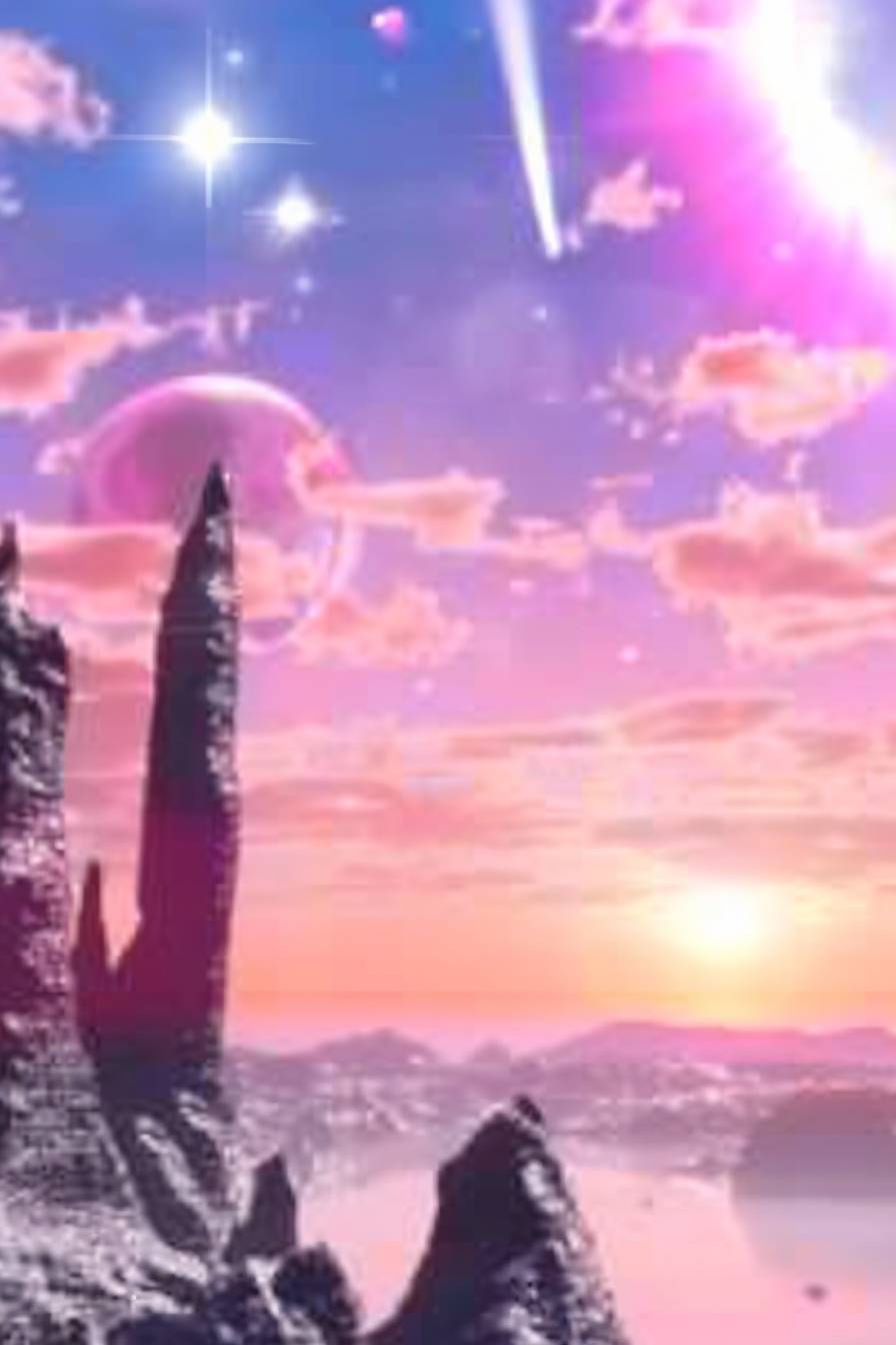 An alien landscape with strange rock formations, with two suns setting in the sky