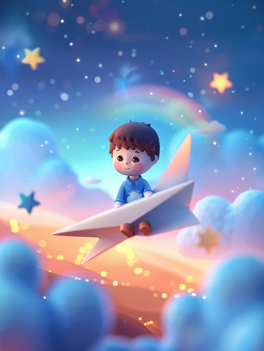 A cute boy in a blue shirt sits on a white paper airplane and flies at dawn, with floating clouds, rainbows and stars in the background sky, handmade clay cartoon style, colorful clay animation with soft lights and pastel colors, kawaii Art clay toy style, using clay material, 3D rendering style, isometric view