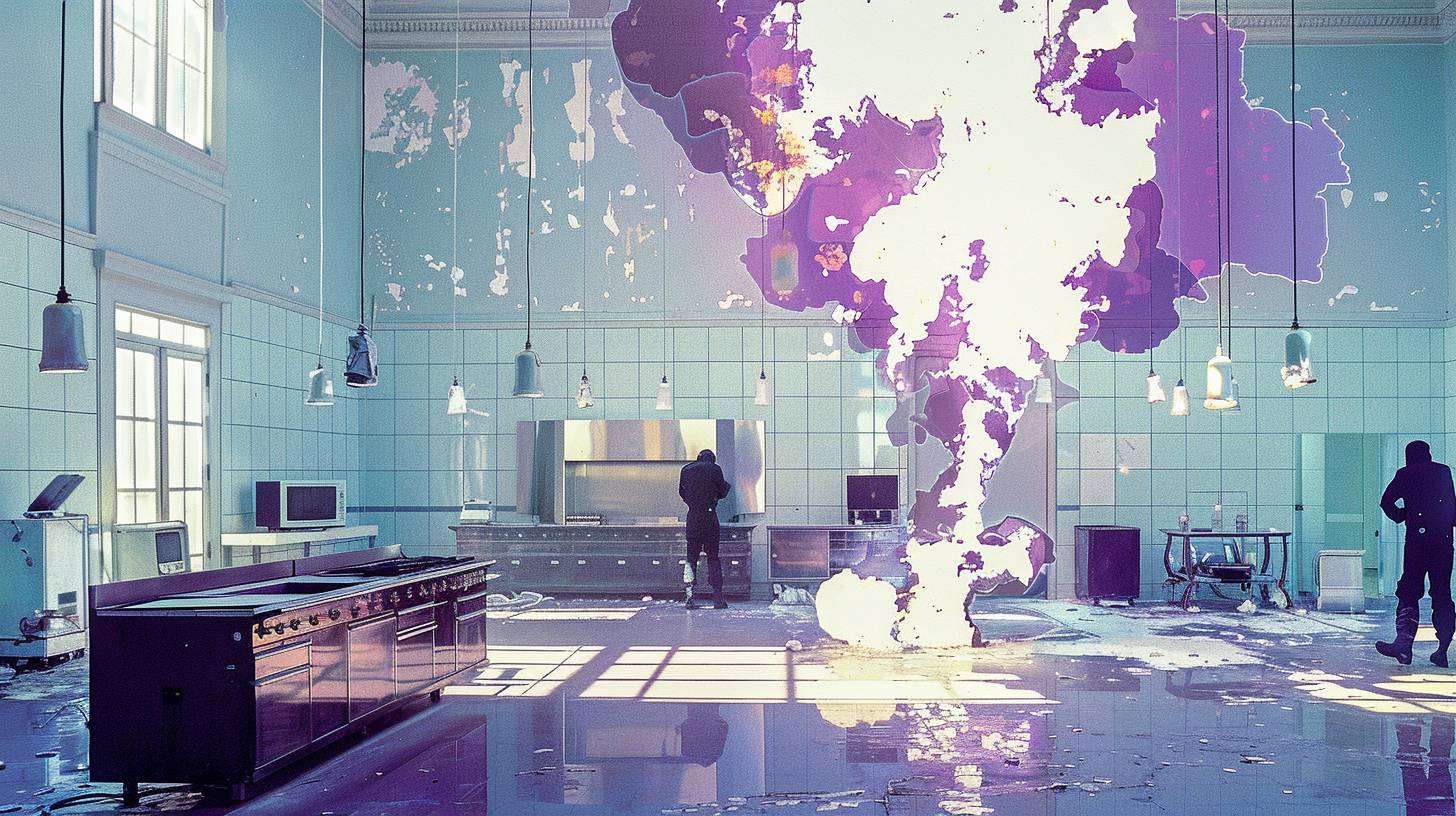 Ultra wide shot of black suit enforcer breaking into a lab, their mission is to acquire the Serum, white lab explodes, fire, destruction