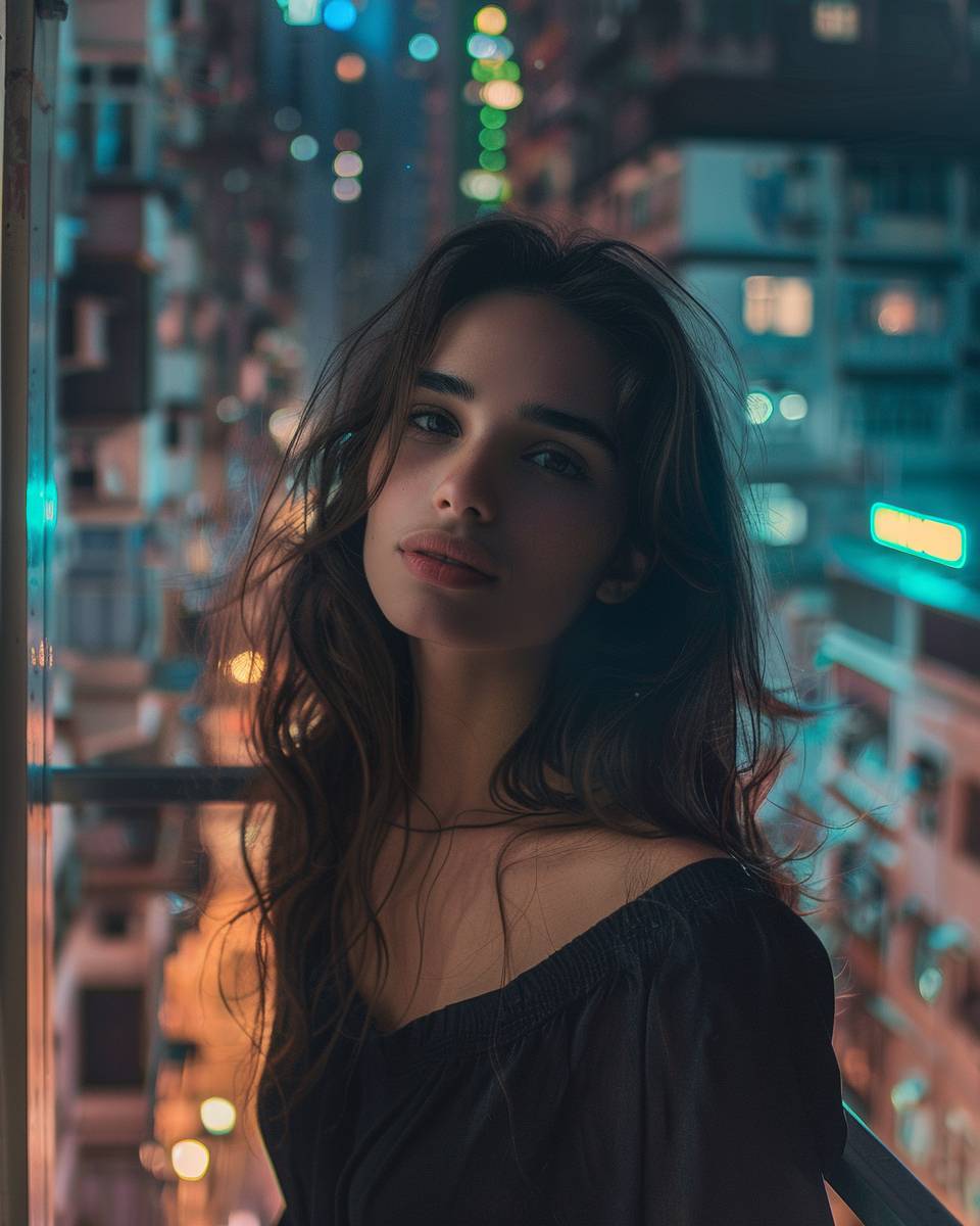 Dystopian atmosphere photo of a woman standing on a balcony on the top floor in Hong Kong, possessed gaze, vibrant bright spots in buildings