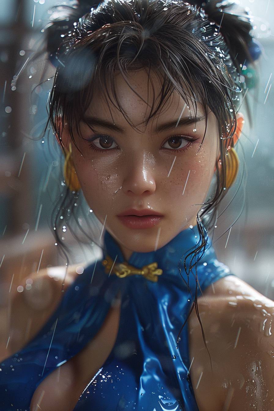 Street Fighter Chun Li, aesthetic style, hyperrealistic, hyperrealism, surrealism, gloss and shading, renderings, 32k, ultra high definition, aspect ratio 2:3, frame rate 6.0, size 250