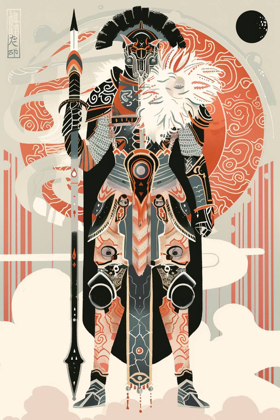 In the style of Kay Nielsen, warrior character, full body, flat color illustration