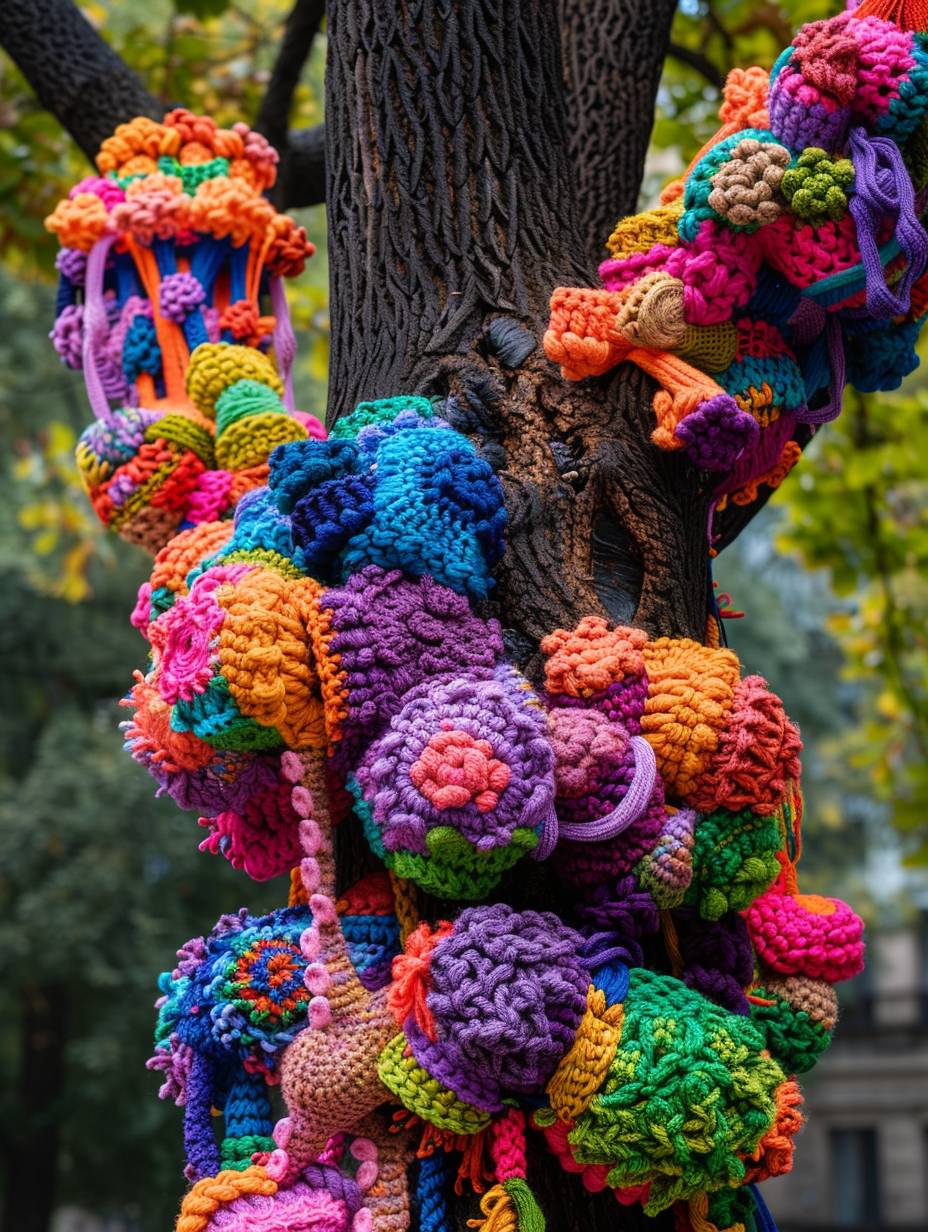 This is a piece made of colorful yarn crochet, in the style of yarn bombing, guerrilla knitting, woolen knitwork.