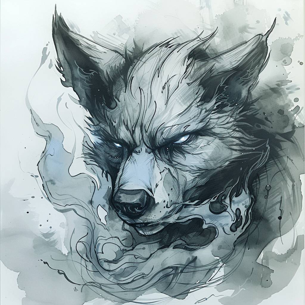 In the style of intense portraits, furry art, light gray and light [OLOR], elegant inking techniques, algeapunk, mist, datamosh