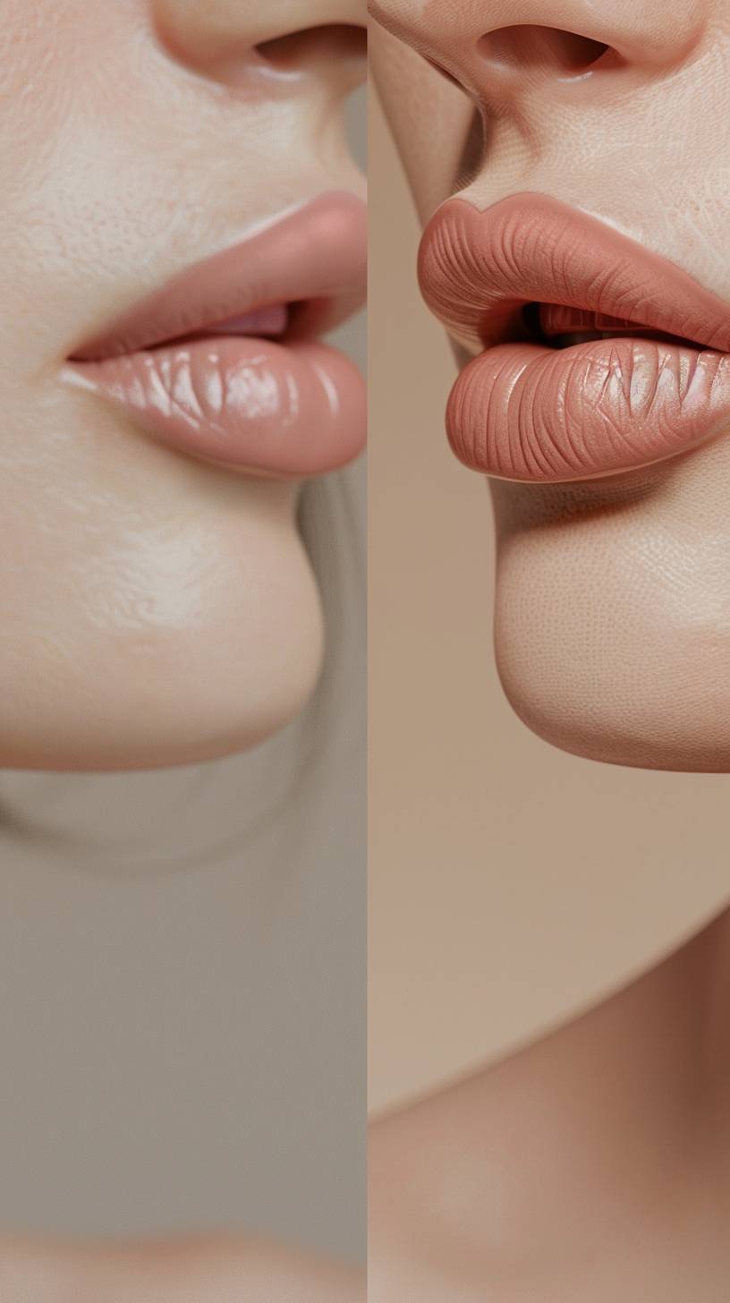 A side-by-side comparison image showing the before and after effects of lip filler treatment. On the left, the 'before' image shows natural, thinner lips. On the right, the 'after' image shows fuller, plumper lips with a smooth and enhanced appearance. The background is a clean, professional medical office setting, highlighting the aesthetic improvement from the treatment. Photo realistic, hi definition -AR 9:16 -V 6.0