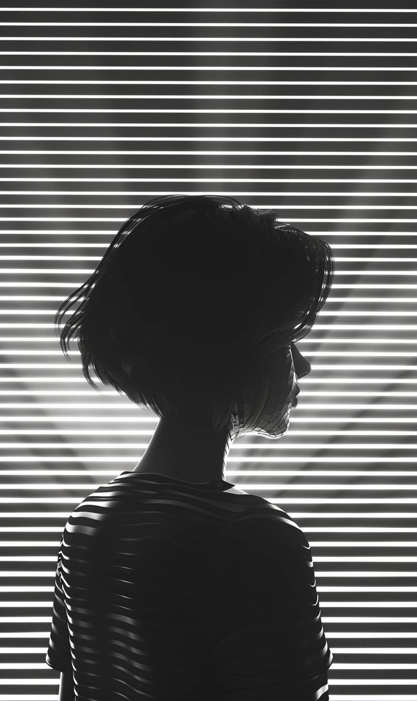 Adorable cartoon style, A young woman stands behind monochrome dim lights. She has short hair and is against a backdrop with monochrome light stripes. Her body is shown in full, and she is wearing a shirt with a simple pattern on the back, 3D render cartoon