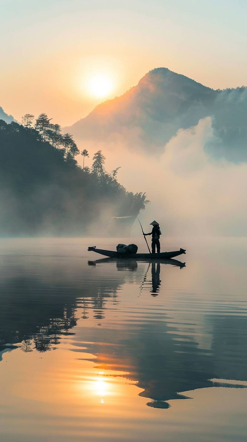 An Asian fisherman on a lake at sunrise, taken with a mirrorless camera, early morning lighting, nature photography