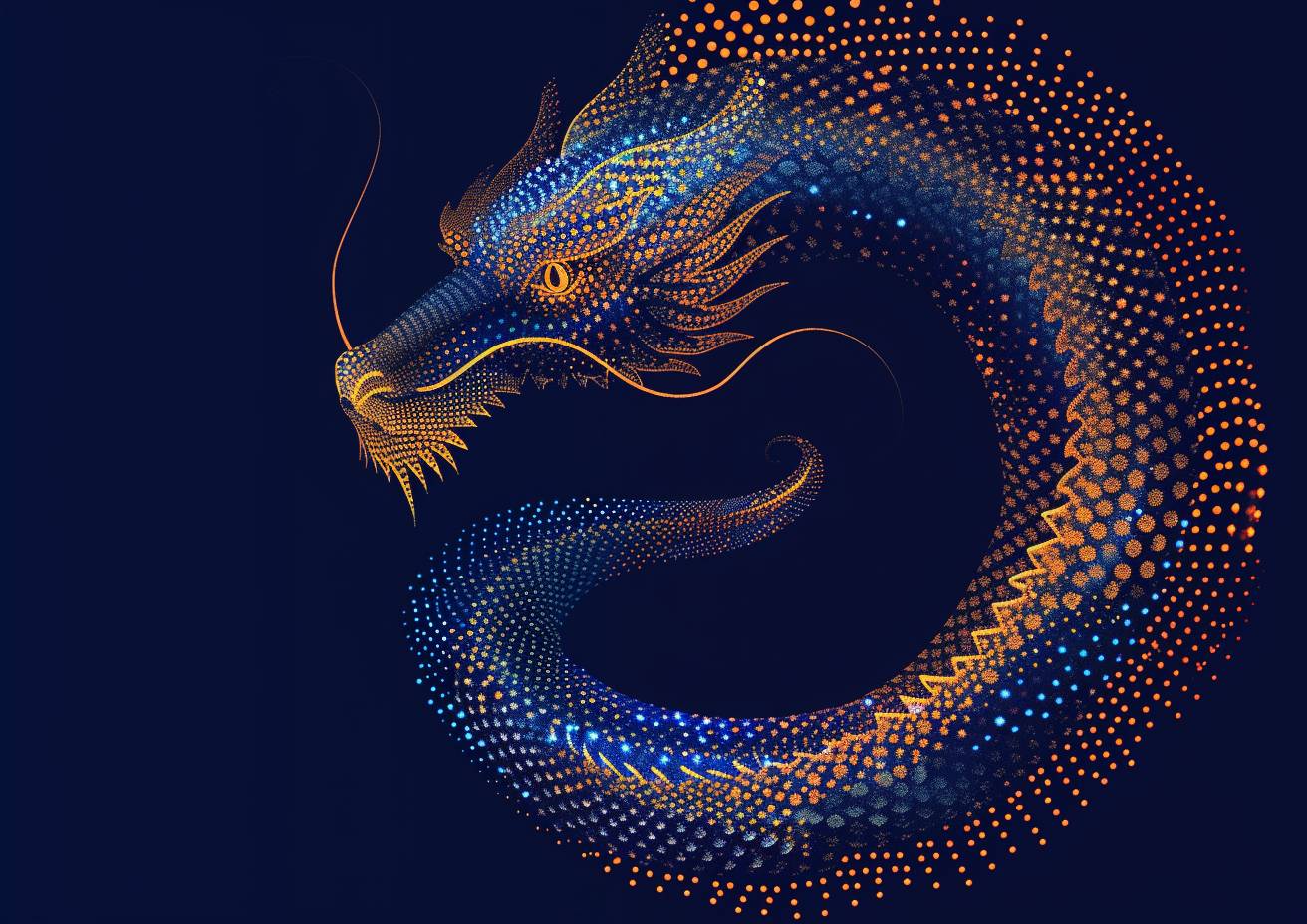 A vector illustration on a blank canvas, using cobalt blue and gold phosphor dots of varying sizes, forming an ouroboros symbol in Chinese dragon style, utilizing negative space