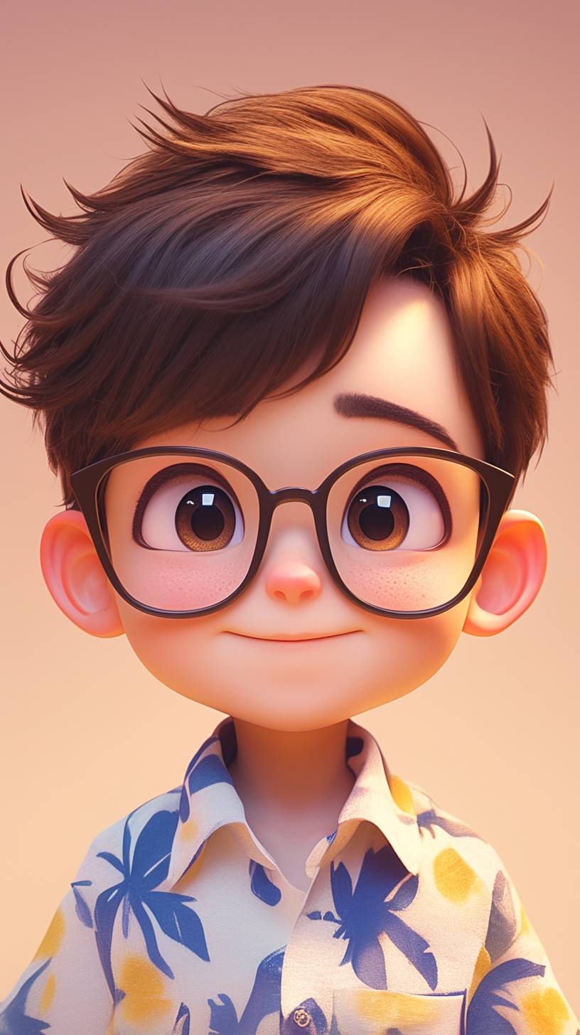 Stylish little boy, exquisite facial features, bright smile, Disney prince black hair, with glasses, chiaroscuro, cartoon animation style, exaggerated shape, chibi, rich details, solid color background, award-winning art, light color, clean background, medium shot, medium close-up, complementary color, IP, 3D, C4D, Blender, Unreal Engine, OC renderer, cinematic lighting, 3D rendering, 8K, best quality, UHD