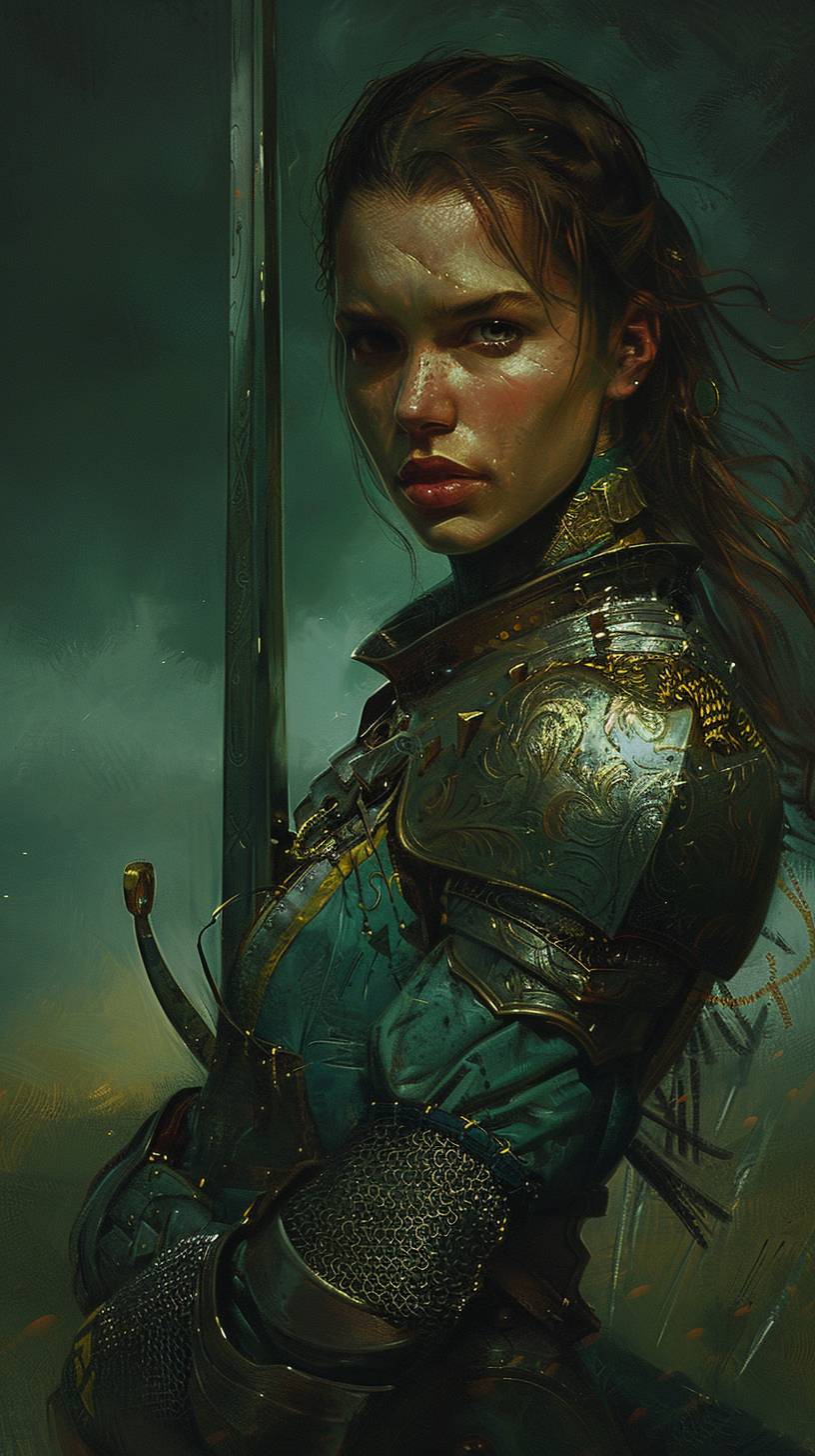 ダンジョンズ＆ドラゴンズ、女性の騎士、広がる平原、全身、濃い青色、ビクトリア朝の絵画、穏やかな表情、現実的な光の描写、金色の光
