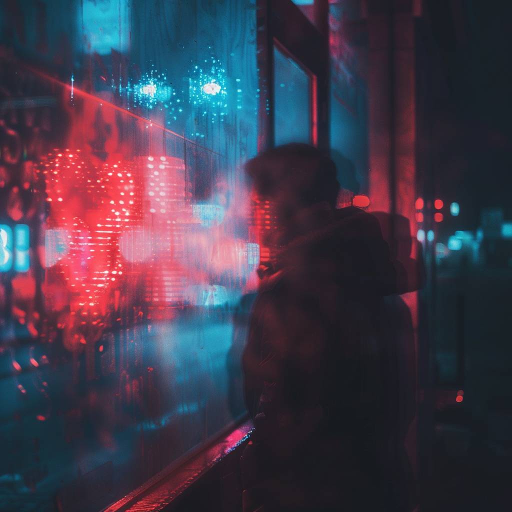 Against a dark background with a mysterious atmosphere and cool tones with high contrast, as if captured with a telephoto lens, in a night scene with light and shadow effects. Light shining through neon lights in the style of night street, night heart bokeh, light leak.