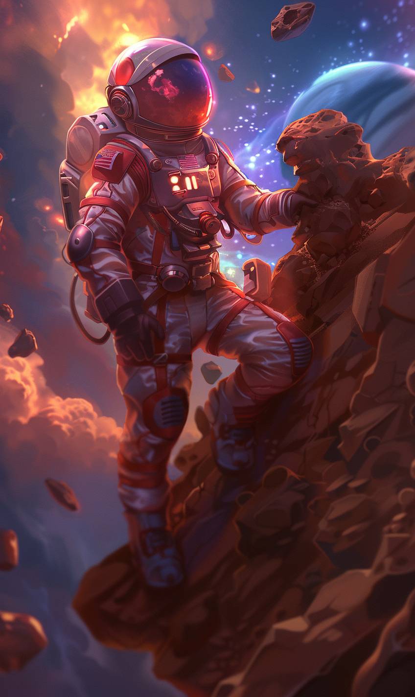Astronaut exploring a distant planet, alien landscape with strange rock formations, a distant galaxy visible in the sky, high-tech suit