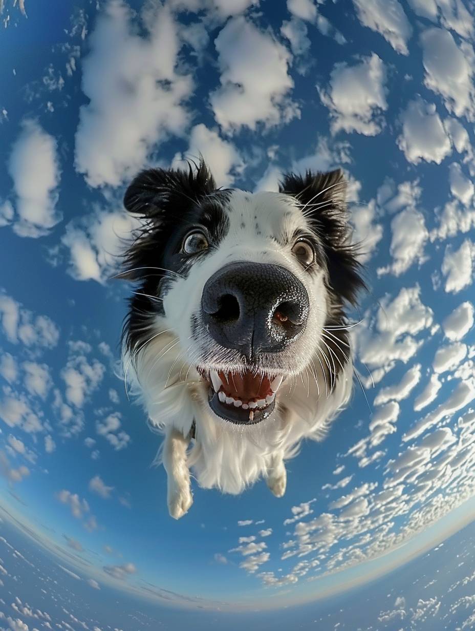 GoPro footage of a cute white and black Border Collie skydiving. Chubby, cute, furry, smiling, fluffy fur, and wide open eyes, looking up at the camera. Clear skies with white clouds in the background. Filmed with a fisheye lens, featuring a 3D character and Pixar animation style with a touch of minimalism.