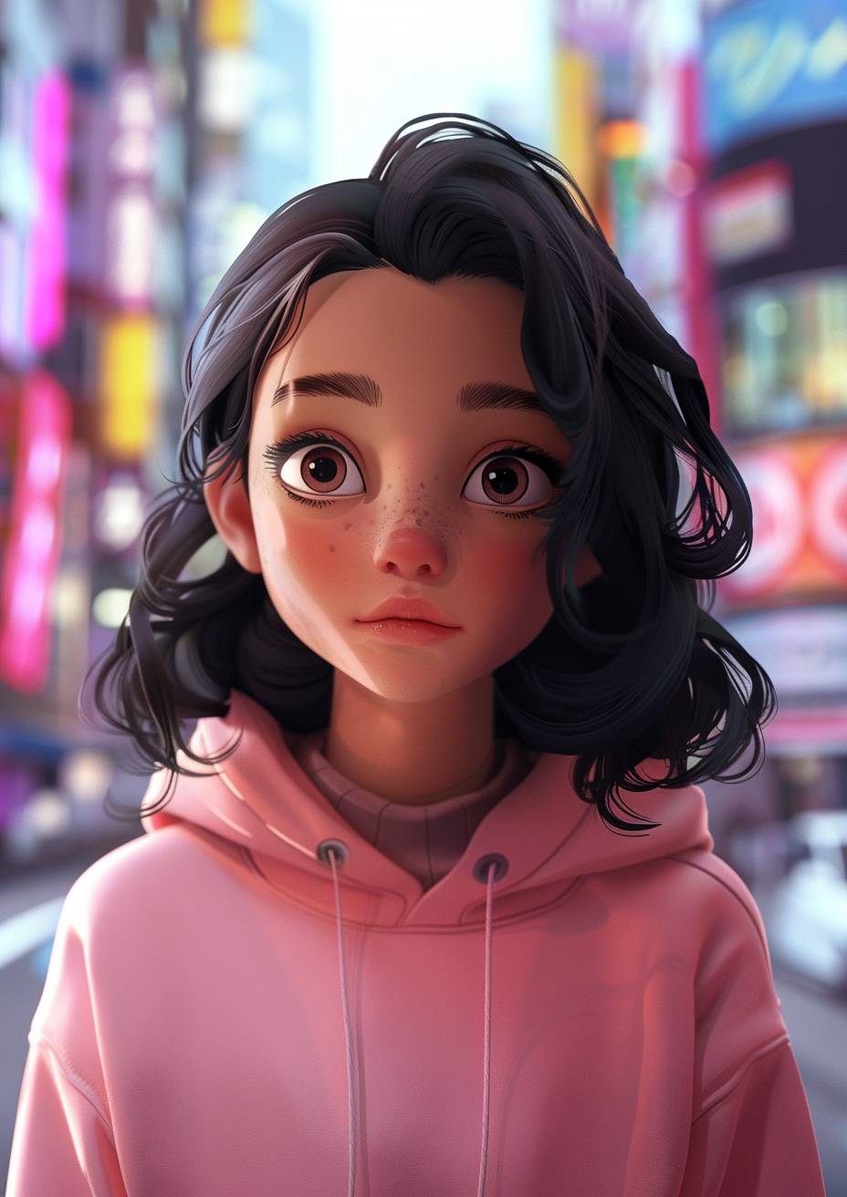 anime; cartoon; ultra realistic; pink city, young girl mixed race, named Laura Rijo, wearing pink hoodie, wavy black hair; in a anime city, ultra realistic, toca boca life world perfect, no imperfection, 4K, sad