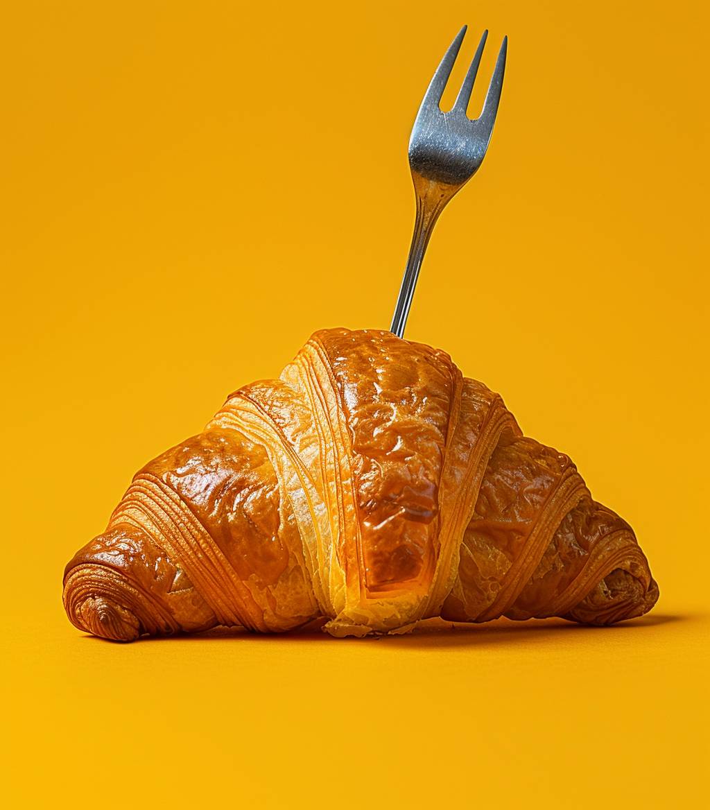 A photograph of a fork stuck in a croissant, with the croissant overhanging in mid-air. The background is yellow, and the photo was taken in a studio with studio lighting using a Canon EOS R5 camera. Additional parameters: --chaos 5 --ar 7:8 --style raw --stylize 200 --v 6.0