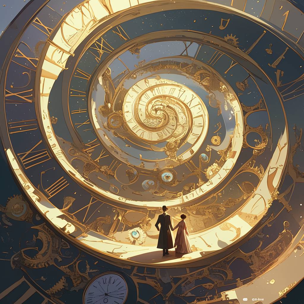 A whimsical illustration of two lovers walking along the spiral clockface, with each step representing different time, beige and light purple, vintage-inspired designs, tattered silhouette against an intricate background of swirling clocks and hourglasses, symbolizing growth through past wisdom, Unreal Engine 5, 3D rendering