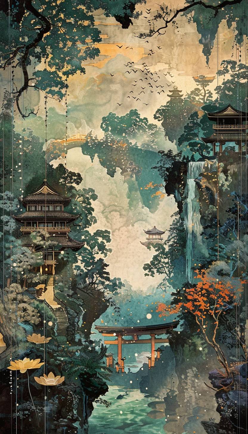 In the style of Hiroshi Yoshida, Enchanted canvas bringing fantasies to reality