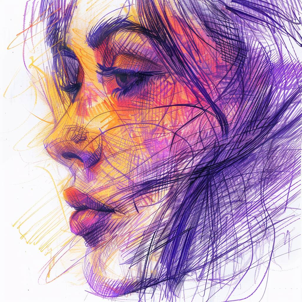 美しいポートレートスタイルで、Milo ManaraとArgtemのスタイルを取り入れた、表現豊かな線画の、見事なモデル女性の顔の横顔スケッチです。紫色、黄色、ピンク色のパステルトーンで描かれています。UHD、アスペクト比9:16、バージョン6.0です。