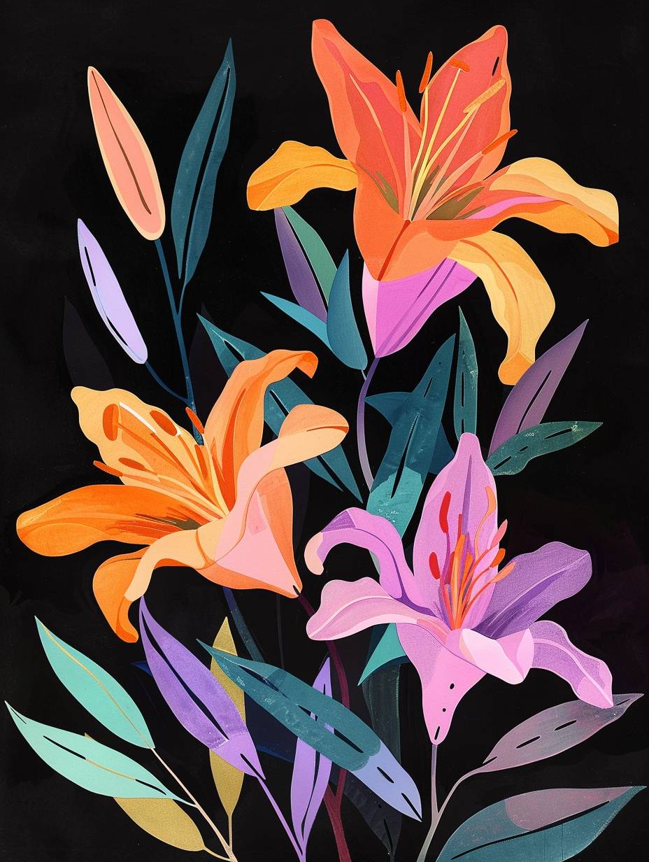 Matisse cutout lily flowers in the style of Garry McCoy, folk art-inspired line art illustrations, folk illustration, handdrawn elements, flat color blocks, gouache and ink painting, colorful woodblock print, black background, orange pink purple blue green yellow