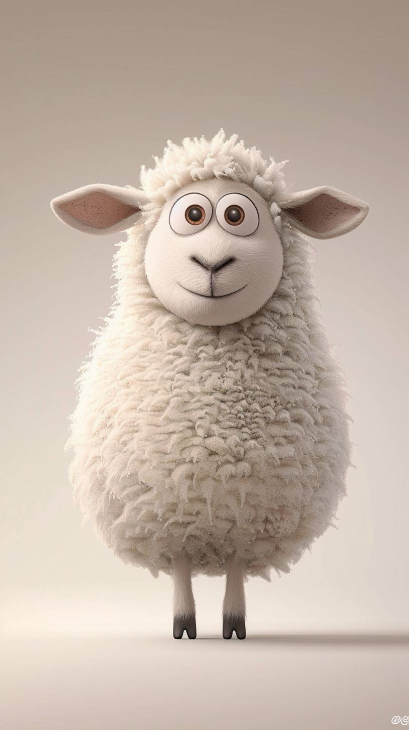 In this picture, there is a cartoon of a sheep with a round and chubby body, short fur, and a solid white background in 4K