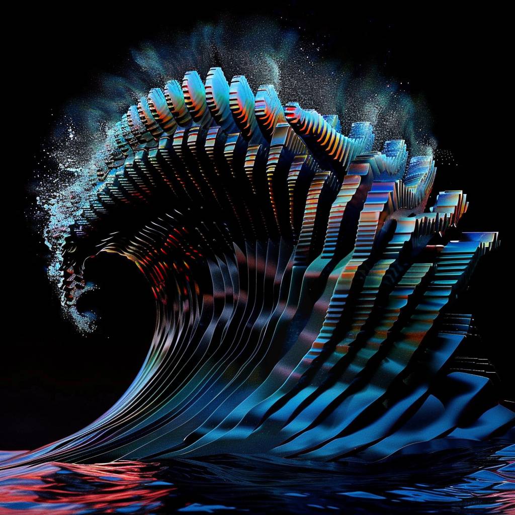 A rogue wave silhouette, pop art dotted patterns, made of words, in the style of vector illustration, high contrast, silhouette lighting, dark background, typography art, interrupted with digital glitch streaks, light cyan and blue color palette, (cinematic realism:1.4), 3D illusion, photorealistic, hyper realistic