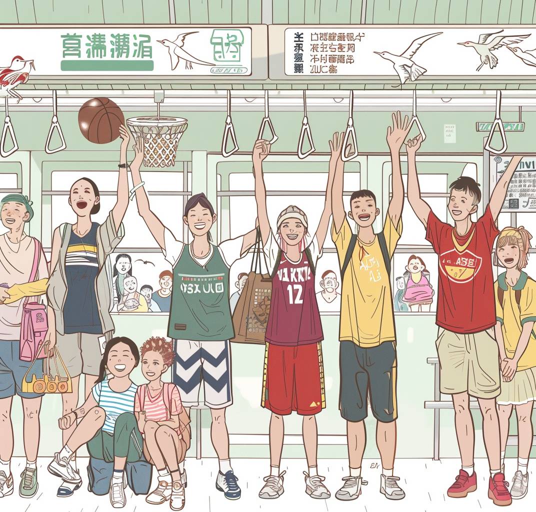 地下鉄では、アジア人はバスケットボールのジャージを着て、手を高く上げてクレーンにつかまり、カートゥーンキャラクターの形を作っています。背景は白色で、室内シーンを表すカラフルな線が描かれています。手描きのイラストはシンプルなスタイルで、左側には子供たちがスポーツ用具を持ち、両側にはドレスを着た女性がいます。男性が立っていて、隣にはショッピングバッグを持った老婦人が座っています。壁は白色で、窓は緑色、床はグレーのタイルです。