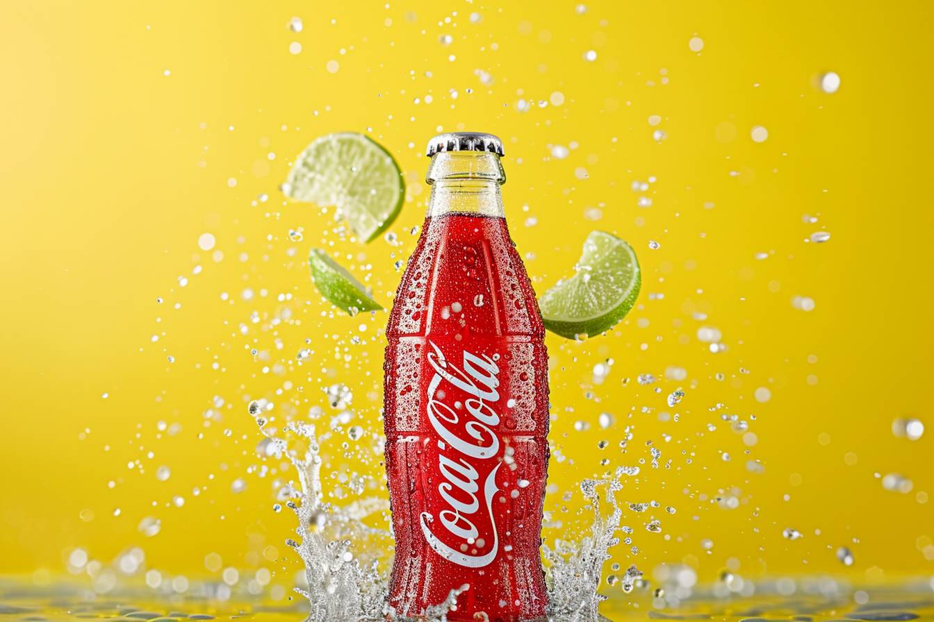 Bottle of coca-cola with waterdrops on the bottle, yellow background with pieces of lime flying from the back of the bottle, realism - aspect ratio 3:2 - personalized 6xkrf8s - stylized 250 - version 6.0