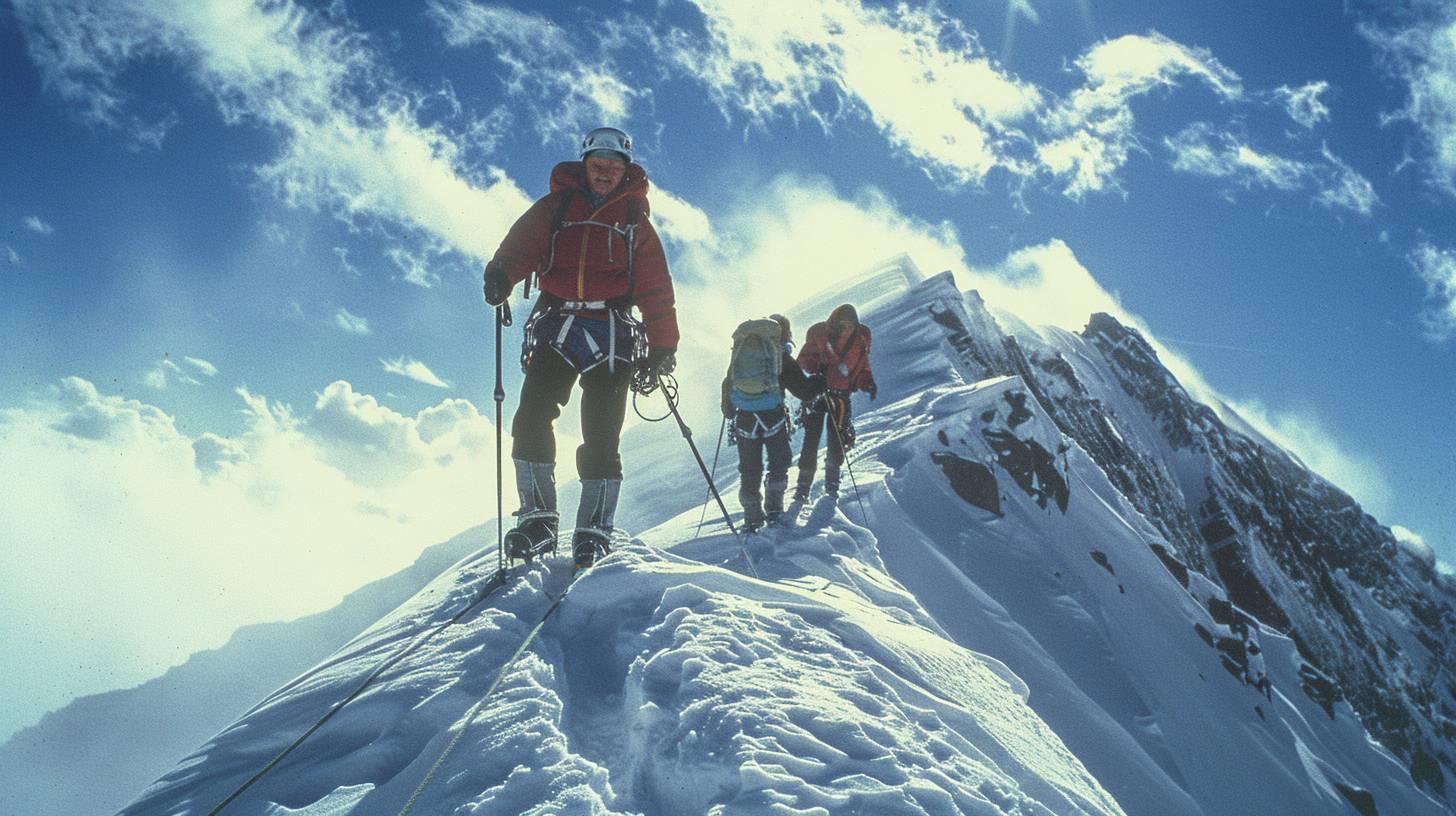 ピークに到達した4人の登山家。勝利と疲労。雪で覆われた山頂。スイスアルプス。1980年の夜明け。ロープ、アイスアックス、広がる景色。全身を写した広角。Nikon FM2、Agfa Vista 200 フィルムで撮影。午前の初めの光、登山者の息が冷たい空気の中で見える。