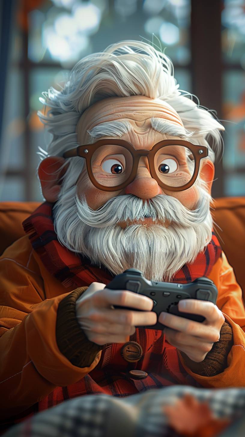 Cartoon grandpa sitting on the sofa playing games, holding gamepad, IP, model, cartoon, C4D, full body photo