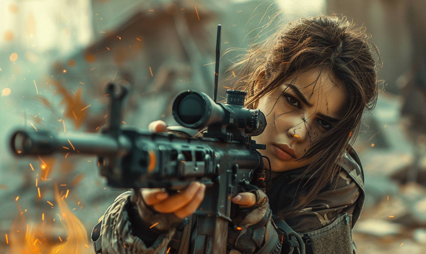 A brunette female character holding a sniper rifle wearing tactical gear, very detailed full body action shot, fine details, like a Michael Bay movie poster. High contrast, dynamic composition, with action pose, war-torn battlefield in the background, cinematic, hyper realistic, sharp focus, sharp details, high clarity