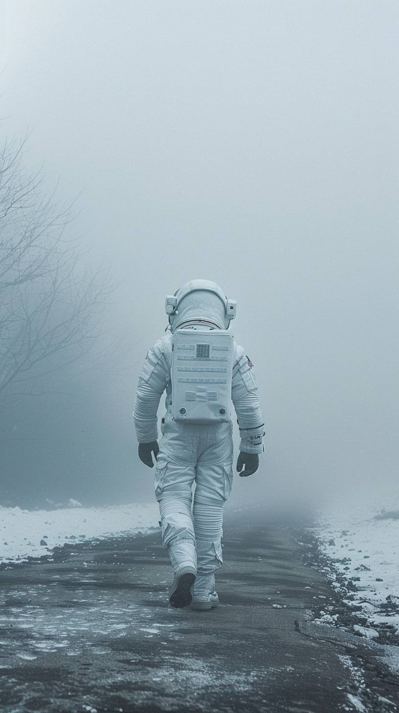 Back view of astronaut in his space suit walking in the fog in the style of light blue and light amber, surreal fashion photography, photography installations, light white and gold, minimalist still lifes, impressive panoramas