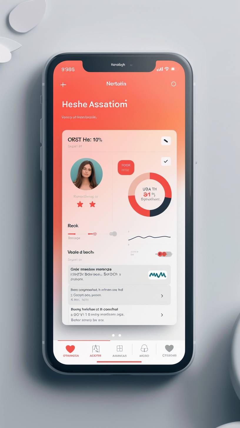 Flat UI design for an app screen that gives an overall health assessment score after a person has taken a questionnaire, and provides the user with next steps for actions to take to address issues.