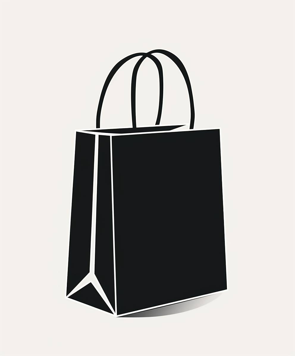 Shopping bag icon, black and white color, built with large geometric shapes, Isotype, minimalist, simple, flat design, 2D